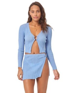 L*Space Women Tropea Cardigan Sweater Light Blue Ribbed Crop Ring Keyhole Clasp
